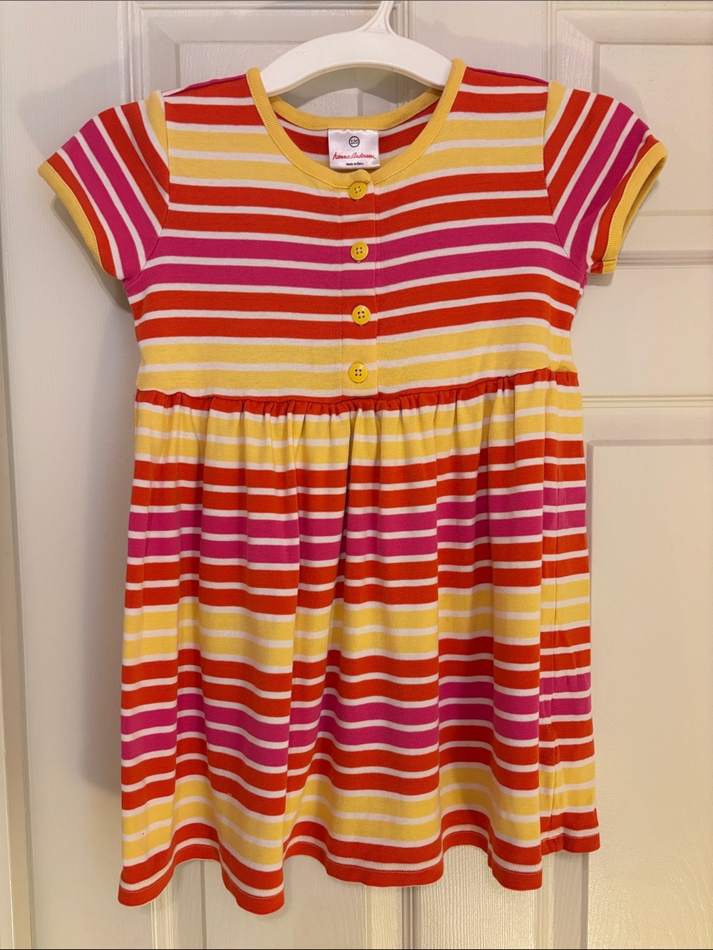 Hanna Andersson Short-Sleeve Playground Knit Dress in Yellow, Pink & Red Stripes